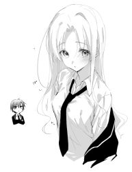 Rule 34 | 1boy, 1girl, blazer, blush, breasts, chibi, chibi inset, closed mouth, collared shirt, cropped torso, gakuen alice, greyscale, hair between eyes, hyuuga natsume, jacket, long hair, looking at viewer, monochrome, necktie, off shoulder, open clothes, open jacket, ouri (aya pine), parted bangs, sakura mikan, school uniform, shirt, simple background, small breasts, upper body, white background
