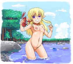Rule 34 | 1girl, beach, blonde hair, blush, breasts, censored, clenched teeth, collar, day, female pubic hair, forest, lobster, long hair, muimui, nature, nipples, nude, ocean, outdoors, pointy ears, pubic hair, purple eyes, solo, teeth, tree, water, when you see it