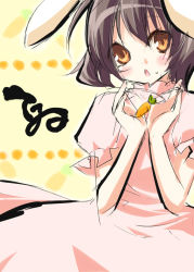 Rule 34 | 1girl, :o, animal ears, black hair, blush, carrot necklace, dress, eretto, female focus, inaba tewi, jewelry, looking at viewer, necklace, parted lips, pendant, pink dress, puffy short sleeves, puffy sleeves, rabbit ears, short sleeves, simple background, solo, tareme, touhou, yellow background