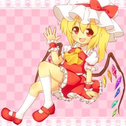 Rule 34 | 1girl, arm up, ascot, bad id, bad pixiv id, blonde hair, blush, checkered background, crystal, fang, female focus, flandre scarlet, hat, hat ribbon, inanosuke, mary janes, open mouth, red eyes, ribbon, shoes, short hair, side ponytail, sitting, skirt, smile, socks, solo, touhou, white socks, wings, wrist cuffs