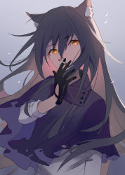 Rule 34 | 1girl, animal ear fluff, animal ears, arknights, between fingers, black capelet, black gloves, black hair, brown eyes, brown hair, capelet, cigarette, commentary, gloves, gradient hair, highres, holding, holding cigarette, hua ye, long hair, long sleeves, looking at viewer, multicolored hair, parted lips, shirt, solo, texas (arknights), torn capelet, torn clothes, upper body, very long hair, white shirt