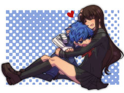 Rule 34 | 1boy, 1girl, ^ ^, black serafuku, black socks, blue eyes, blue hair, blush, brown hair, child, closed eyes, ebiko ni go, fate/extra, fate/extra ccc, fate (series), frown, full body, hand on another&#039;s head, hans christian andersen (fate), heart, height difference, kishinami hakuno (female), kneehighs, loafers, long hair, open mouth, pantyhose, school uniform, serafuku, shoes, shorts, simple background, smile, socks, teenage girl and younger boy, uniform