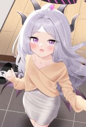 Rule 34 | 1girl, black horns, blue archive, collarbone, cowboy shot, demon horns, demon wings, grey hair, grey skirt, halo, highres, hina (blue archive), horns, indoors, ine (ineinnen), long hair, long sleeves, looking at viewer, multiple horns, parted bangs, pencil skirt, purple eyes, purple wings, shirt, skirt, slippers, solo, wings, yellow shirt
