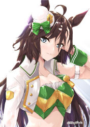 Rule 34 | 1girl, ahoge, animal ears, arm strap, blue eyes, breasts, brown hair, cleavage, commentary request, crop top, green shirt, hat, horse ears, jacket, large breasts, long hair, looking at viewer, midriff, mikage takashi, mini hat, mini top hat, mr. c.b. (umamusume), open clothes, open jacket, shirt, smile, solo, strapless, strapless shirt, top hat, umamusume, upper body, very long hair, white background, white hat, white jacket