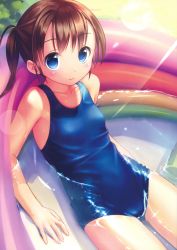 Rule 34 | 1girl, absurdres, bare shoulders, blue eyes, blush, breasts, brown hair, collarbone, day, eyebrows, highres, lens flare, looking at viewer, lying, new school swimsuit, on back, one-piece swimsuit, original, partially submerged, pool, scan, school swimsuit, shiny clothes, short hair, side ponytail, small breasts, smile, solo, sparkle, sunlight, swimsuit, takoyaki (roast), wading pool, water, wet