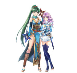 Rule 34 | 2girls, absurdres, bare shoulders, blue thighhighs, breasts, circlet, cleavage, commentary request, dual wielding, earrings, elbow gloves, feet, female focus, fingerless gloves, fire emblem, fire emblem: the blazing blade, fire emblem heroes, florina (fire emblem), full body, gloves, green eyes, green hair, hair ornament, highres, holding, holding weapon, japanese clothes, jewelry, long hair, looking at viewer, lyn (fire emblem), matching hair/eyes, medium breasts, multiple girls, ninja, nintendo, official art, open mouth, pelvic curtain, ponytail, purple hair, sandals, sheath, sheathed, shuriken, shuriken hair ornament, sleeveless, smile, sword, thighhighs, toeless legwear, toes, very long hair, weapon, white background, yamada koutarou, zettai ryouiki
