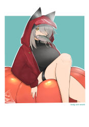Rule 34 | 1girl, absurdres, alternate breast size, animal ears, arknights, black one-piece swimsuit, border, breasts, casual one-piece swimsuit, eyes visible through hair, feet out of frame, fish in mouth, hair between eyes, hair over one eye, highres, hood, hooded jacket, indy art work, inflatable toy, jacket, knee up, large breasts, long hair, looking at viewer, mouth hold, official alternate costume, one-piece swimsuit, open clothes, open jacket, projekt red (arknights), projekt red (light breeze) (arknights), red jacket, sitting, solo, swimsuit, thigh strap, white border, wolf ears, yellow eyes, zipper pull tab