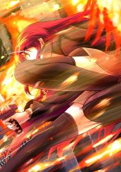 Rule 34 | 1girl, alastor (shakugan no shana), bassa, black thighhighs, fire, from behind, from below, highres, jewelry, katana, long hair, pendant, red eyes, red hair, shakugan no shana, shana, skirt, solo, speed lines, sword, thighhighs, weapon