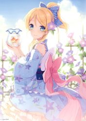 Rule 34 | 1girl, 6u (eternal land), absurdres, animal, ayase eli, backlighting, blonde hair, blue eyes, blue sky, blush, bow, closed mouth, cloud, cloudy sky, copyright name, day, detached sleeves, earrings, fish, fishbowl, floral print, flower, frills, from side, goldfish, hair bow, hair flower, hair ornament, hand fan, highres, holding, japanese clothes, jewelry, kimono, long hair, long sleeves, looking at viewer, love live!, love live! school idol festival, love live! school idol project, obi, outdoors, page number, paper fan, ponytail, sash, scan, sky, smile, solo, uchiwa, wide sleeves