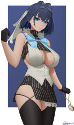 Rule 34 | 1girl, absurdres, bare arms, bare shoulders, black gloves, blue eyes, blue hair, breasts, chain, cleavage, cowboy shot, gloves, hair intakes, hairband, highres, holding, holding pocket watch, hololive, hololive english, large breasts, looking at viewer, neck ribbon, ouro kronii, ouro kronii (1st costume), paid reward available, pocket watch, ribbon, ribbon earrings, short hair, skindentation, solo, thighhighs, thighs, veil, virtual youtuber, watch, zaphn, zipper