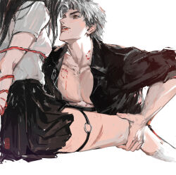 Rule 34 | 1boy, 1girl, bdsm, bite mark, bite mark on chest, bite mark on neck, black shirt, black skirt, blood, blood from mouth, blood on face, bondage, bound, collared shirt, couple, grey hair, highres, leg grab, liubai 615, long sleeves, looking at another, love and deepspace, open clothes, open shirt, parted bangs, parted lips, pectorals, pleated skirt, protagonist (love and deepspace), red eyes, scar, scar on leg, shirt, short hair, simple background, skirt, socks, sylus (love and deepspace), thigh strap, veins, white background, white shirt, white socks