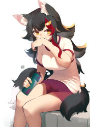 Rule 34 | 1girl, a:n (angrynum), animal ear fluff, animal ears, artist logo, black hair, bottle, breasts, cowboy shot, gym shorts, gym uniform, hand up, holding, holding bottle, hololive, large breasts, looking to the side, messy hair, multicolored hair, on stairs, ookami mio, red shorts, shorts, sidelocks, simple background, sitting, solo, stairs, stone stairs, streaked hair, swept bangs, tail, thighs, two-tone hair, virtual youtuber, water bottle, white background, wiping mouth, wolf ears, wolf tail