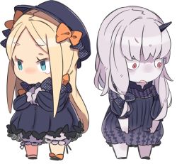 Rule 34 | 2girls, abigail williams (fate), black bow, black dress, black hat, blonde hair, blue eyes, bow, chibi, colored skin, commentary request, dress, fate/grand order, fate (series), hair bow, hands in opposite sleeves, hat, horns, lavinia whateley (fate), long hair, long sleeves, multiple girls, open mouth, orange bow, pekeko (pepekekeko), red eyes, short sleeves, single horn, single tear, sleeves past wrists, very long hair, white background, white hair, white skin
