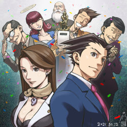Rule 34 | 2girls, 5boys, ace attorney, asymmetrical bangs, bald, beard, black hair, blue jacket, breasts, brown eyes, brown hair, cindy stone, cleavage, collared shirt, confetti, dated, facial hair, frank sahwit, glasses, grey jacket, halo, highres, iwamoto tatsurou, jacket, jewelry, large breasts, larry butz, long hair, long sleeves, looking at viewer, magatama, magatama necklace, mia fey, mole, mole under mouth, multiple boys, multiple girls, mustache, necklace, necktie, official art, old, old man, open mouth, phoenix wright, phoenix wright: ace attorney, pink jacket, pink necktie, scarf, shirt, short hair, smile, spiked hair, statue, the judge (ace attorney), the thinker, white shirt, winston payne, yellow scarf