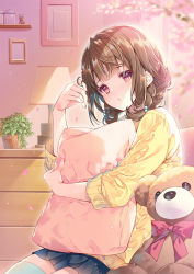Rule 34 | 1girl, blue skirt, blush, braid, brown hair, chest of drawers, closed mouth, commentary request, fingernails, hair bobbles, hair ornament, hand up, head tilt, highres, long sleeves, looking at viewer, miwabe sakura, nail polish, hugging object, original, pillow, pillow hug, pink nails, pleated skirt, red eyes, ruffling hair, shelf, shirt, skindentation, skirt, solo, stuffed animal, stuffed toy, teddy bear, thighhighs, twin braids, white thighhighs, yellow shirt