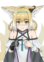Rule 34 | 1girl, animal ear fluff, animal ears, arknights, bare shoulders, blonde hair, blue hairband, blush, braid, braided hair rings, breasts, commentary, dress, english commentary, fox ears, fox girl, fox tail, gloves, green eyes, grey gloves, hair between eyes, hair rings, hairband, highres, kitsune, krirk, multicolored hair, nose blush, parted lips, purple dress, simple background, single glove, small breasts, solo, suzuran (arknights), tail, twin braids, two-tone hair, white background, white hair