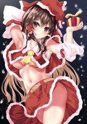 Rule 34 | 1girl, arm behind head, armpits, belt, black background, box, breasts, brown belt, brown hair, christmas, closed mouth, commentary request, detached sleeves, gift, gift box, gradient hair, hair tubes, hakurei reimu, hat, holding, holding gift, kaeranu kaeru, long hair, looking at viewer, medium breasts, midriff, multicolored hair, navel, red eyes, red hat, red skirt, santa hat, skirt, smile, solo, thighs, touhou, underboob