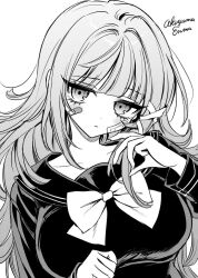 1girl akiyama_enma artist_name bandaid bandaid_on_cheek bandaid_on_face blunt_bangs blush bow bowtie breasts collarbone commentary_request commission frown gauze gauze_on_cheek greyscale hair_intakes hands_up large_breasts long_hair long_sleeves looking_at_viewer monochrome original sailor_collar school_uniform serafuku signature simple_background skeb_commission solo upper_body white_background