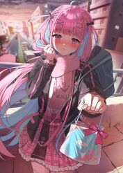 Rule 34 | 1girl, ahoge, bag, black jacket, blazer, blue hair, blunt bangs, blurry, blurry background, blush, braid, bridge, building, car, cat hair ornament, city, closed mouth, colored inner hair, commentary, cowboy shot, evening, french braid, gift, hair ornament, hairclip, hand up, highres, holding, holding gift, holding hair, holding own hair, hololive, incoming gift, jacket, jinbei (user tpny4757), long hair, long sleeves, looking at viewer, minato aqua, minato aqua (school uniform), miniskirt, motor vehicle, multicolored hair, official alternate costume, open clothes, open jacket, outdoors, outstretched arm, pink hair, pink scarf, pink skirt, plaid, plaid skirt, pleated skirt, purple eyes, railing, scarf, school bag, school uniform, shirt tucked in, shoulder bag, skirt, solo, standing, twin braids, two-tone hair, two side up, valentine, very long hair, virtual youtuber, x hair ornament