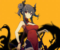 Rule 34 | 1girl, arknights, bare arms, bare shoulders, bead bracelet, beads, black hair, black shorts, bracelet, breasts, ch&#039;en (ageless afterglow) (arknights), ch&#039;en (arknights), china dress, chinese clothes, cleavage, cleavage cutout, clothing cutout, cowboy shot, double bun, dragon horns, dress, hair between eyes, hair bun, highres, horns, jewelry, long hair, looking at viewer, medium breasts, mongarit, official alternate costume, orange background, pelvic curtain, red dress, red eyes, short shorts, shorts, sidelocks, simple background, sleeveless, sleeveless dress, solo, twintails