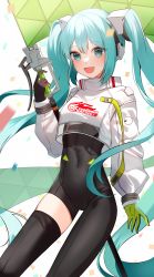 Rule 34 | 1girl, absurdly long hair, absurdres, aqua eyes, aqua hair, asymmetrical bodysuit, black bodysuit, black gloves, bodysuit, boots, breasts, confetti, covered navel, cowboy shot, crop top, crop top overhang, cropped jacket, flag, flagpole, flame print, gloves, goodsmile racing, green gloves, hair between eyes, hatsune miku, highres, holding, holding flag, holding pole, jacket, long hair, long sleeves, looking at viewer, open mouth, pole, race queen, racing miku, racing miku (2022), simple background, single thigh boot, single thighhigh, smile, smiley face, solo, syuma, thigh boots, thighhighs, twintails, two-tone gloves, very long hair, vocaloid, wavy hair, white background, white jacket