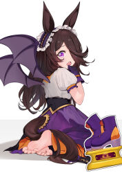 Rule 34 | 1girl, absurdres, animal ears, barefoot, bat wings, brown hair, clothing cutout, fang, feet, frilled hairband, frills, gloves, hair over one eye, hairband, halloween, halloween costume, hermityy, high-waist skirt, highres, horse ears, horse girl, kneeling, long bangs, long hair, official alternate costume, open mouth, puffy short sleeves, puffy sleeves, purple eyes, purple footwear, purple gloves, purple hairband, purple skirt, purple wings, rice shower (make up vampire!) (umamusume), rice shower (umamusume), shirt, short sleeves, skirt, soles, solo, tail, tail through clothes, toes, trophy, umamusume, white shirt, wings