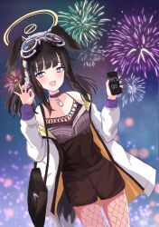 Rule 34 | 1girl, absurdres, aerial fireworks, animal ears, bag, black hair, black shirt, blue archive, blush, brown shorts, cellphone, collarbone, cowboy shot, dog ears, dog tags, dog tail, fireworks, fishnet pantyhose, fishnets, halo, hibiki (blue archive), highres, holding, holding phone, jacket, long hair, long sleeves, looking at viewer, open clothes, open jacket, open mouth, pantyhose, phone, purple eyes, shirt, shorts, shoulder bag, smartphone, smile, solo, tail, white jacket, yellow halo, yuso mrk315