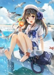 Rule 34 | 1girl, :d, arm support, bag, bare legs, barefoot, beach, bendy straw, bird, black hair, blouse, blue skirt, blunt bangs, blush, bow, cloud, cocktail, cup, day, drink, drinking glass, drinking straw, feet, food, fruit, full body, hat, highres, himonoata, holding, holding cup, holding drinking glass, ipass (yi ka tong), knees up, lime (fruit), lime slice, long hair, looking at viewer, miniskirt, ocean, open mouth, outdoors, pier, plaid, plaid skirt, pleated skirt, purple eyes, sailor hat, school bag, school uniform, seagull, serafuku, shirt, shore, short sleeves, sitting, skirt, sky, smile, soles, solo, sparkle, starfish, toes, water, water drop, white shirt, xiao pa