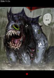 Rule 34 | alternate form, black hair, borrowed character, doppel (bonnypir), fins, gills, green background, green eyes, highres, korean text, long hair, looking at viewer, monster, open mouth, original, outdoors, rain, recording, sharp teeth, solo, speech bubble, teeth, translation request, upper body, water