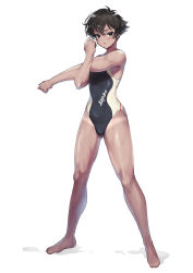 Rule 34 | 1girl, absurdres, barefoot, black eyes, black hair, black one-piece swimsuit, clothes writing, commentary request, competition swimsuit, dark skin, full body, highres, one-piece swimsuit, original, sahara1127, short hair, simple background, solo, standing, stretching, swimsuit, tan, tanline, two-tone swimsuit, white background