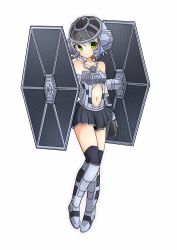Rule 34 | 1girl, animification, bare shoulders, black skirt, commentary request, full body, green eyes, grey hair, highres, inon, looking at viewer, navel, over-kneehighs, parted lips, personification, pleated skirt, short hair, simple background, skirt, solo, star wars, thighhighs, tie fighter, white background