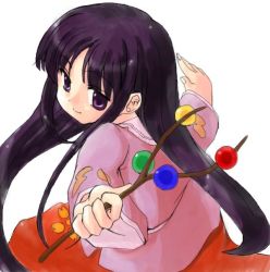 Rule 34 | 1girl, black hair, branch, closed mouth, female focus, from above, from behind, hime cut, houraisan kaguya, jeweled branch of hourai, long hair, looking at viewer, looking back, marker (medium), purple eyes, purple hair, shirt, sidelocks, simple background, skirt, smile, solo, tilm, touhou, traditional media, very long hair, white background