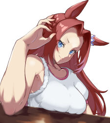 Rule 34 | &gt;:), 1girl, animal ears, armpits, bare arms, bare shoulders, blue eyes, blush, braid, breast rest, breasts, breasts on table, brown hair, closed mouth, collarbone, dutch angle, elbow rest, fingernails, forehead, gym shirt, hand up, highres, horse ears, kawakami princess (umamusume), large breasts, long hair, looking at viewer, medium breasts, sawara noa, shirt, short sleeves, sleeves rolled up, slit pupils, smile, solo, table, taut clothes, taut shirt, umamusume, upper body, v-shaped eyebrows, very long hair, white shirt