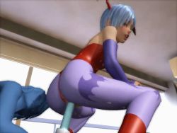 Rule 34 | 1boy, 1girl, 3d, animated, animated gif, ass, blue hair, capcom, demon girl, head wing, indoors, lilith aensland, mutual masturbation, object insertion, short hair, solo focus, vaginal, vaginal object insertion, vampire (game)