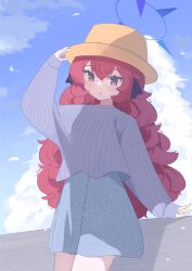 Rule 34 | 1girl, absurdres, anma21, blue archive, blue halo, blue skirt, blue sky, blue sweater, blush, cloud, cowboy shot, cropped sweater, day, grey eyes, hair between eyes, halo, hand on headwear, hat, highres, iroha (blue archive), long hair, long sleeves, outdoors, parted lips, red hair, skirt, sky, solo, sweater, wavy hair