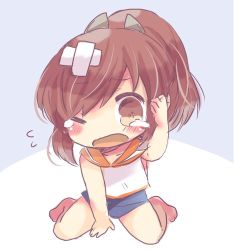 Rule 34 | 1girl, bandages, blue background, blue one-piece swimsuit, blush, brown eyes, brown hair, chibi, full body, i-401 (kancolle), kantai collection, kou hiyoyo, lowres, multicolored background, one-piece swimsuit, orange sailor collar, ponytail, sailor collar, school swimsuit, short ponytail, sitting, solo, swimsuit, swimsuit under clothes, tears, two-tone background, wariza, white background