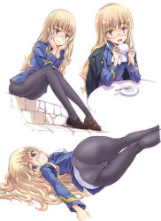 Rule 34 | 2girls, ass, black legwear, blonde hair, blush, breasts, closed mouth, cup, glasses, highres, holding, holding cup, long hair, looking at viewer, lying, military, military uniform, multiple girls, multiple views, on side, open mouth, panties, panties under pantyhose, pantyhose, perrine h. clostermann, simple background, sitting, small breasts, smile, strike witches, suzuki24, teaspoon, underwear, uniform, white background, white panties, world witches series, yellow eyes