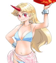 Rule 34 | 1girl, arm up, armpits, bare shoulders, bikini, blonde hair, breasts, closed mouth, commentary request, cuffs, cup, floral print, halterneck, hand on own hip, horns, hoshiguma yuugi, light blush, long hair, medium breasts, navel, oni horns, pointy ears, red eyes, s-a-murai, sakazuki, sarong, shackles, simple background, single horn, smile, solo, swimsuit, touhou, very long hair, white background