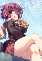 Rule 34 | 1girl, black shirt, blue bow, blue sky, bow, cloud, crossed legs, food, hair bow, highres, holding, holding food, isu (is88), long sleeves, looking at viewer, open mouth, outdoors, red eyes, red hair, red skirt, scarf, sekibanki, shirt, skirt, sky, solo, striped clothes, striped scarf, touhou