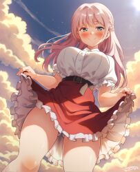 Rule 34 | 1girl, belt, blouse, blue eyes, blush, braid, breasts, buttons, cloud, cloudy sky, curtsey, french braid, frilled skirt, frills, high-waist skirt, highres, large breasts, long hair, looking at viewer, original, outdoors, pink hair, pukur, red skirt, shirt, shirt tucked in, skirt, sky, smile, solo, sunlight, thighs, white shirt