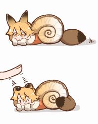 Rule 34 | &gt; &lt;, 10s, 1girl, :3, animal ears, blonde hair, blush stickers, bow, bowtie, check commentary, commentary, commentary request, ezo red fox (kemono friends), fox ears, fox tail, kemono friends, mini person, minigirl, orange eyes, snail, tail, tanaka kusao, triangle mouth, x3