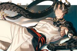 Rule 34 | 1boy, arknights, arm tattoo, armor, black gloves, black hair, chong yue (arknights), closed mouth, dragon boy, dragon horns, dragon tail, earrings, gloves, highres, horns, imone illust, jewelry, long tail, lying, male focus, multicolored hair, muscular, muscular male, on back, pants, pointy ears, red eyes, shirt, short hair, shoulder armor, solo, streaked hair, tail, tattoo, two-tone hair, white hair, white pants, white shirt