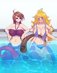 Rule 34 | 2girls, bikini, blonde hair, breasts, brown hair, cleavage, clothes pull, extra arms, fusion, highres, lamia, large breasts, meltyvixen, monster girl, multiple girls, one-piece swimsuit pull, prank, pull, pulling another&#039;s clothes, siblings, sisters, swimsuit, wardrobe malfunction