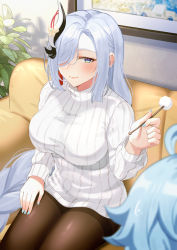 Rule 34 | 1boy, 1girl, age difference, ahoge, aunt and nephew, black pantyhose, blue eyes, blue hair, blue nails, blurry, blurry foreground, blush, braid, breasts, child, chongyun (genshin impact), closed mouth, commentary, couch, cowboy shot, genshin impact, hair ornament, hair over one eye, hand on own thigh, hand up, highres, holding, kul (ngsensei), large breasts, long hair, long sleeves, looking at another, mimikaki, nail polish, pantyhose, picture frame, plant, potted plant, ribbed sweater, shenhe (genshin impact), short hair, silver hair, sitting, smile, sweatdrop, sweater
