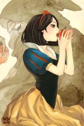 Rule 34 | 1girl, apple, brown eyes, brown hair, disney, dress, earrings, food, fruit, grimm&#039;s fairy tales, hairband, holding, holding food, holding fruit, jewelry, nox, short hair, snow white (grimm), snow white and the seven dwarfs, solo