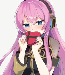 Rule 34 | 1girl, akikan sabago, blue eyes, blush, box, commentary, covered mouth, detached sleeves, headphones, heart-shaped box, highres, holding, holding box, long hair, looking to the side, megurine luka, nail polish, pink hair, single detached sleeve, solo, upper body, valentine, vocaloid