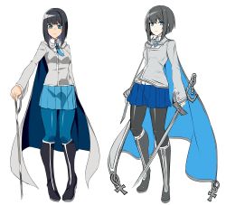 Rule 34 | 1girl, absurdres, black footwear, black hair, black pantyhose, blue cape, blue eyes, blue pantyhose, blue skirt, blush, bob cut, boots, cape, closed mouth, doko tetora, grey cape, grey jacket, highres, holding, holding sword, holding weapon, inverted bob, jacket, long sleeves, looking at viewer, miniskirt, multiple views, original, pantyhose, parted lips, pigeon-toed, pleated skirt, rei (doko tetora), simple background, skirt, sword, two-sided cape, two-sided fabric, weapon, white background
