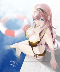 Rule 34 | 1girl, arm support, bare arms, bare legs, bare shoulders, bikini, black hairband, blue eyes, breasts, brown bikini, cleavage, dated, female focus, from above, hairband, highres, innertube, large breasts, legs, lifebuoy, long hair, looking at viewer, looking up, megurine luka, okingjo, outdoors, perspective, pink hair, pool, poolside, project diva, project diva (series), ripples, shadow, side-tie bikini bottom, signature, sitting, soaking feet, solo, swim ring, swimsuit, vocaloid, water