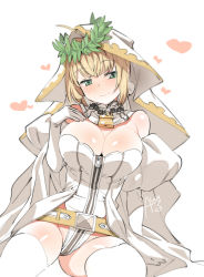 Rule 34 | 1girl, ahoge, belt, blonde hair, blush, breasts, bridal veil, chain, chain necklace, cleavage, closed mouth, detached sleeves, elbow gloves, fate/extra, fate (series), gloves, green eyes, hand up, heart, jewelry, large breasts, laurel crown, leotard, lock, looking at viewer, necklace, nero claudius (bride) (fate), nero claudius (bride) (third ascension) (fate), nero claudius (fate), nero claudius (fate) (all), nose blush, rkrk, signature, simple background, thighhighs, veil, white background, white gloves, white leotard, white sleeves, white thighhighs, zipper pull tab