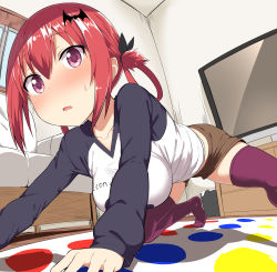 Rule 34 | 1girl, absurdres, all fours, bat hair ornament, bed, bedroom, blush, breasts, brown shorts, cabinet, clothes writing, collarbone, commentary request, gabriel dropout, greatmosu, hair between eyes, hair ornament, hair rings, hanging breasts, highres, indoors, large breasts, long sleeves, looking at viewer, nose blush, parted lips, perspective, purple eyes, purple thighhighs, raglan sleeves, red hair, satanichia kurumizawa mcdowell, shirt, shorts, sidelocks, solo, sweat, television, thighhighs, thighs, twister, v-neck